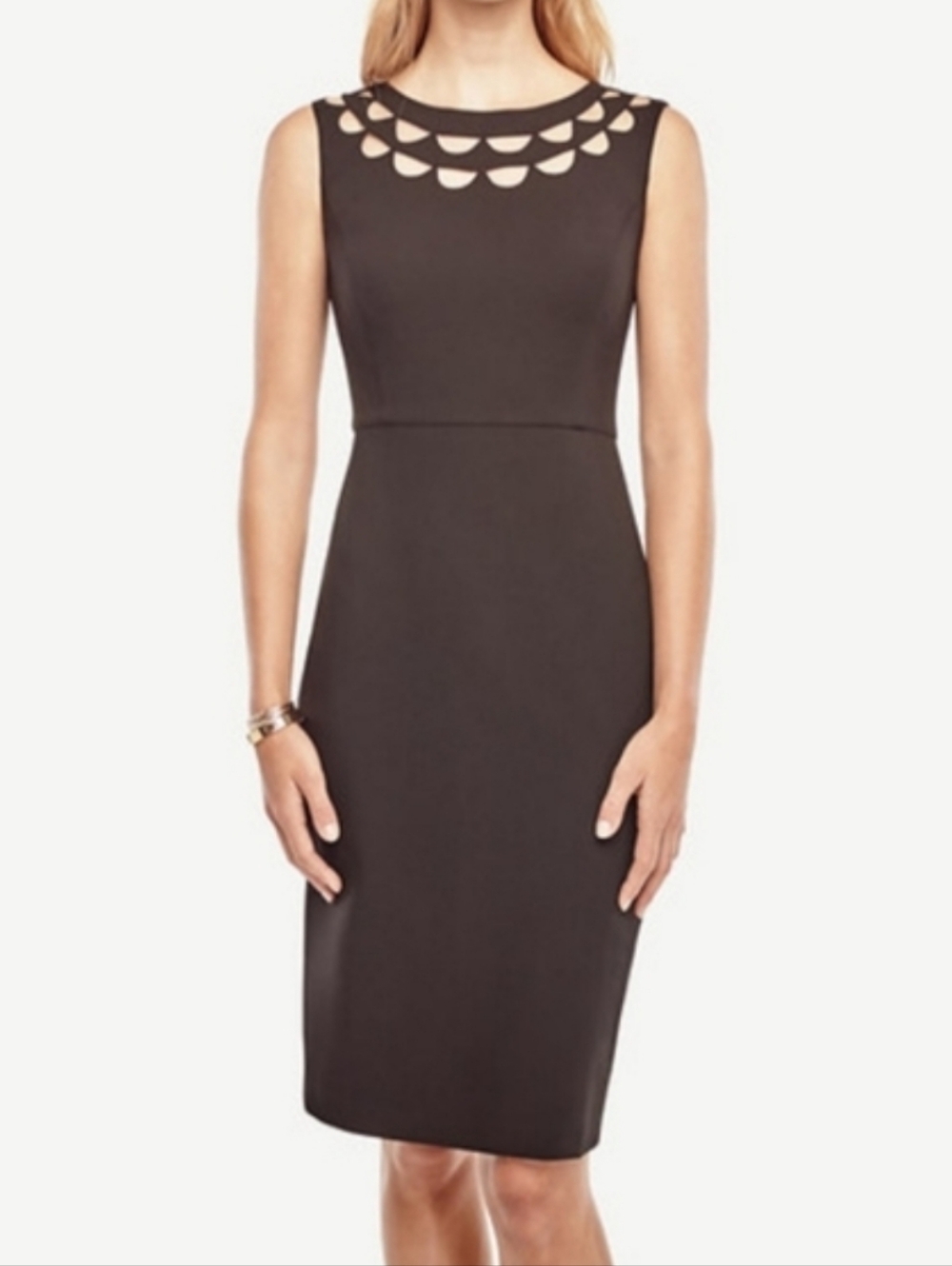 Ann Taylor Black Sleeveless Midi Dress with Scalloped Neck Cutouts